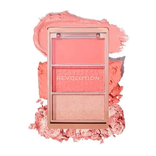 Revolution, Blush Icon Palette (Authentic Peach), krem ve pudra ruj paleti, yüksek pigmentli, 3 renk, otantik şeftali, hayvanlar üzerinde denenmemiştir ve vegan