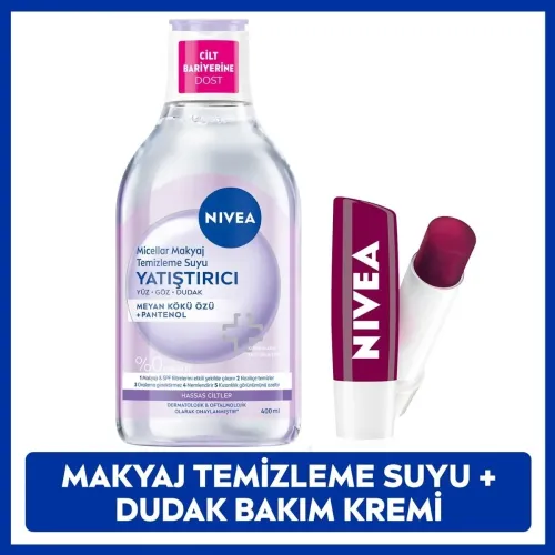 Nivea Yatıştırıcı Micellar Makyaj Temizleme Suyu 400 ml + Böğürtlen Nemlendirici Dudak Bakım Kremi 4,8 g Set