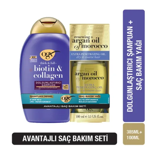 OGX Biotin&Collagen Dolgunlaştırıcı Şampuan 385 ml + Argan Oil of Morocco Saç Bakım Yağı 100 ml