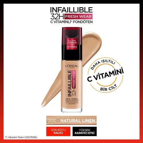 L'Oreal Paris Infaillible 32H Fresh Wear C Vitaminli Fondöten 200 Natural Linen